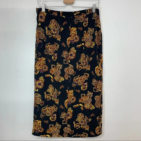 CK Midi Skirt 12 Faux Wrap Black Gold Floral Print Classic Whimsy Goth Office// - Picture 5 of 11